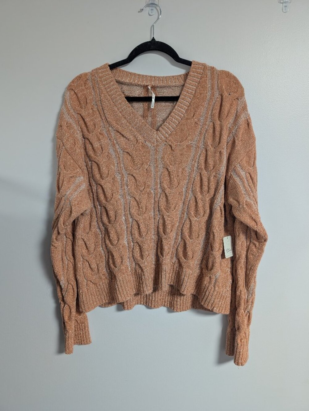Free People Candied Melon Orange Cable Knit V-Neck Sweater NWT M
